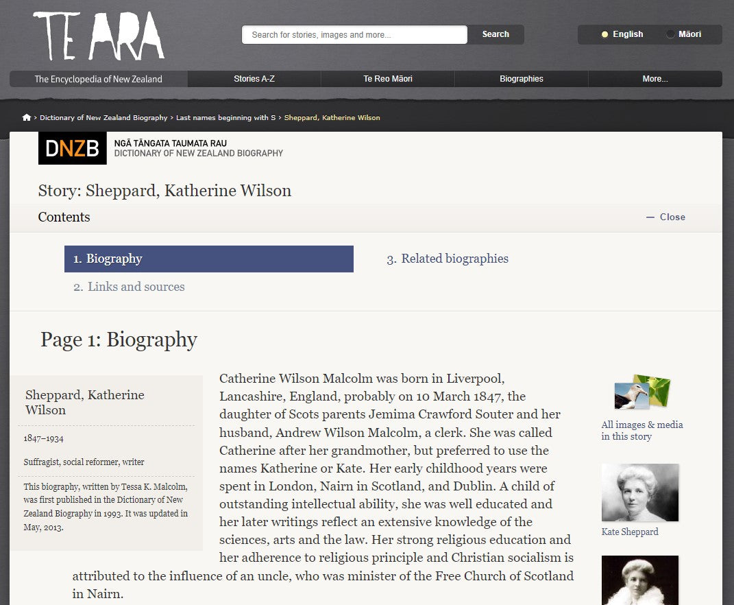 Te Ara Biography of Kate Sheppard Extract