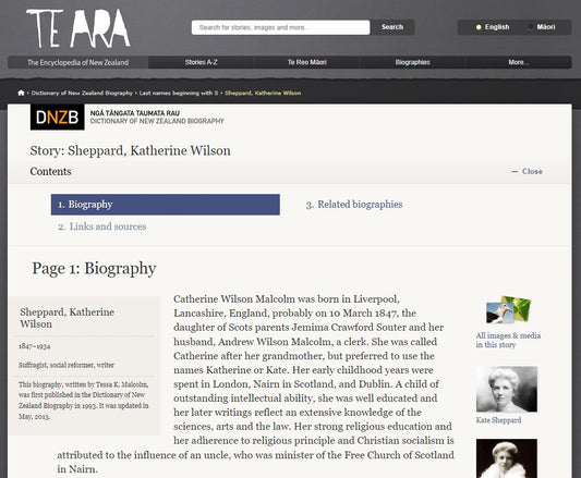 Te Ara Biography of Kate Sheppard Extract