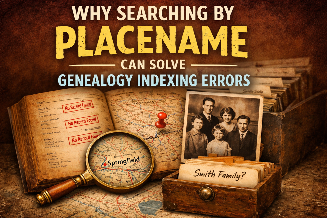 Vintage genealogy research scene showing a parish register and historical map with a placename highlighted, illustrating how placename searching can overcome genealogy indexing errors.
