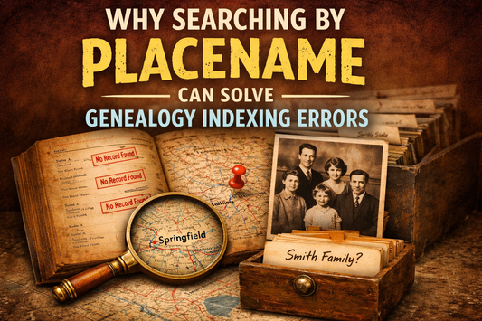 Vintage genealogy research scene showing a parish register and historical map with a placename highlighted, illustrating how placename searching can overcome genealogy indexing errors.