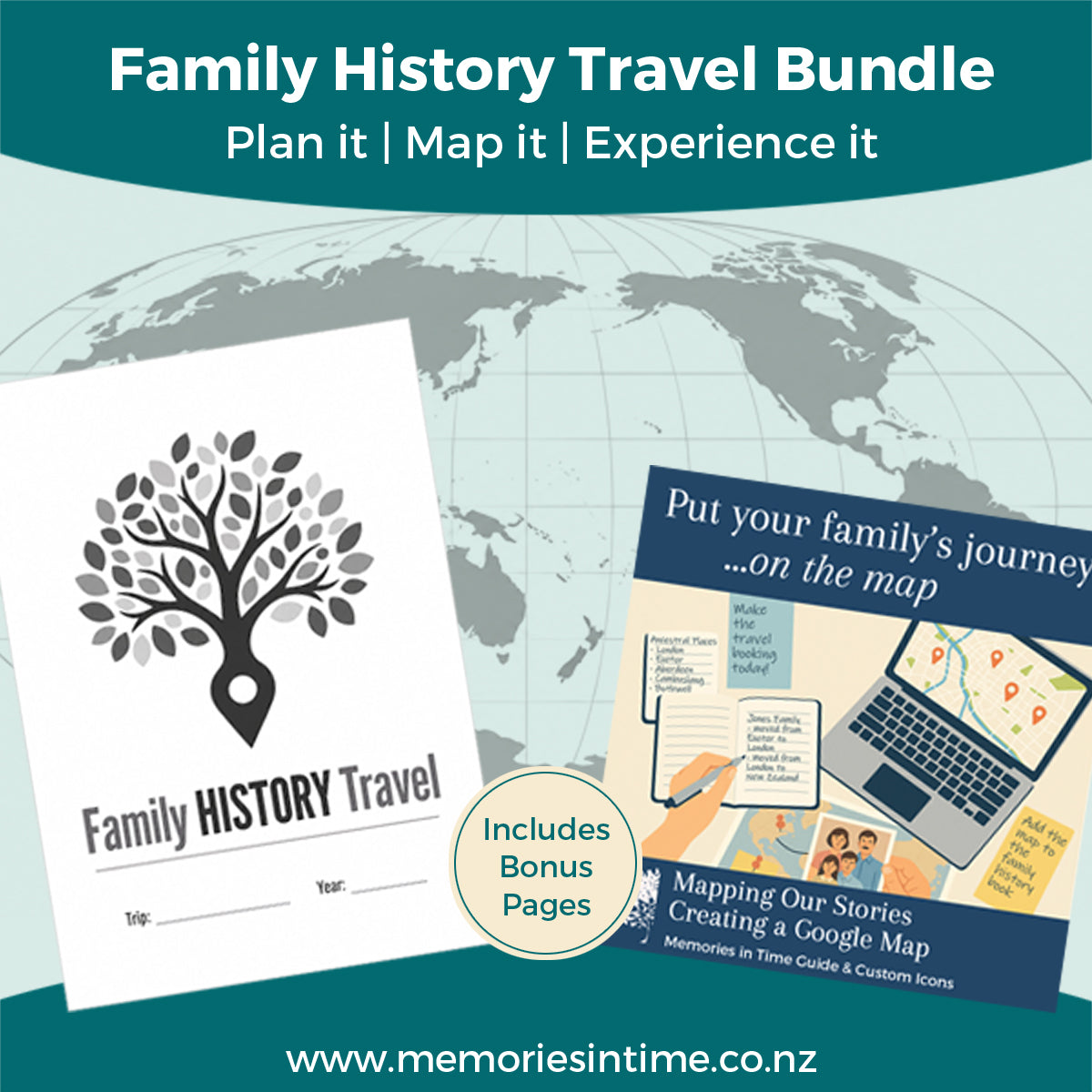 Family History Travel Bundle with printable travel planner, Mapping Our Stories Google Map guide and bonus pages for planning a family history journey.