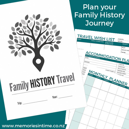 Family History Travel Planner cover with tree and map pin design, shown with Travel Wish List, Accommodation Planner and Monthly Planner pages.